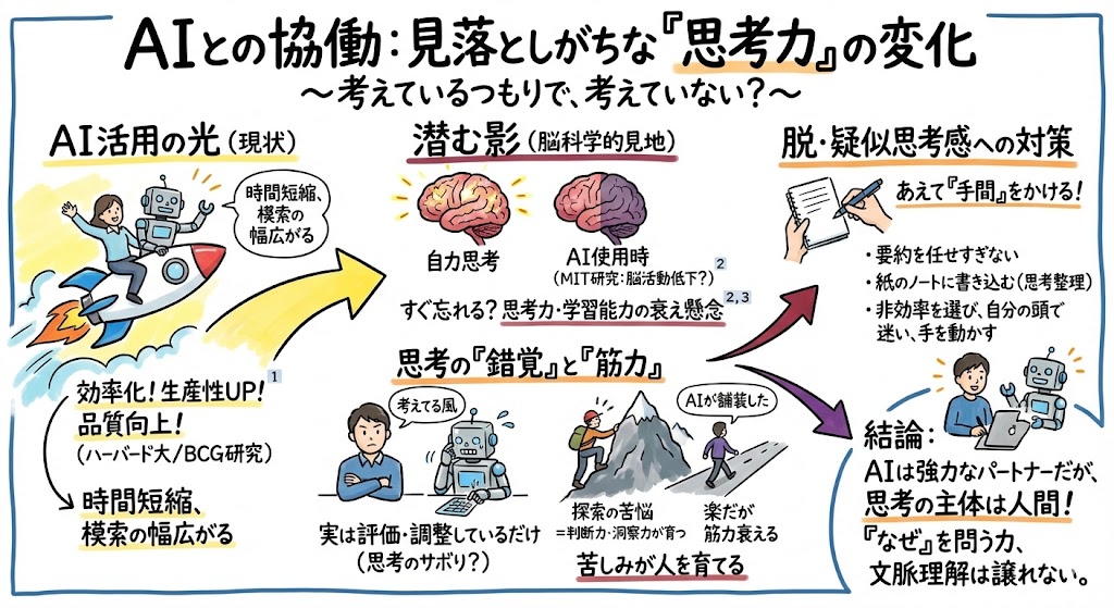 Photo by Yasuhisa Hasegawa on November 20, 2025. May be a cartoon of pie and text that says 'AIとの協働: AI :見落としがちな AIとの協働:見落としがちな『 見落としがちな「思考力」 『思考力」の変化 の変化 ~考えているつもりで、 考えていない?~ AI活用の光(現状) (現状) AI活用の光 潜む影(脳科学的見地) 潜む影 (脳科学的見地) 脱· 疑似思考感への対策 時間短縮、 横素の 幅広がる 自力思考 あえて『手間』をかける! AI使用時 (MIT研究:腦活動低下?) すぐ忘れる?思考力・学習能力の表え懸念 2,3 すぐ忘れる? 思考力· 思考の『錯覚』と『筋力」 思考の と『筋力』 考えてる風 効率化! 効率化!生産性UP! 生産性UP! 品質向上! (ハーバード大/BCG研究) 要約を任せすぎない ・紙のノートに書き込む(思考整理) ・非効率を選び、自分の頭で 自分の頭で 迷い、手を動かす AIが捕装した 時間短縮、 模索の幅広がる 探索の苦悩 楽だが 実は評価・調整しているだけ =判断力・洞察力が育つ 筋力衰える (思考のサボリ?) 苦しみが人を育てる 人を育てる 結論: AIは強力なパートナーだが、 思考の主体は人間! 『なぜ」を問う力、 文脈理解は譲れない。'.