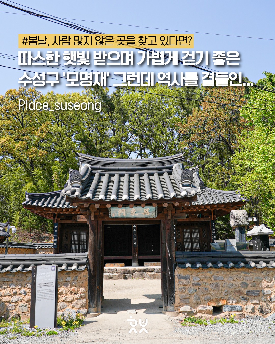 봄날, 사람 많지 않은 곳을 찾고 있다면🌿
따스한 햇빛 받으며
조용히 걷기 좋은 공간,
수성구 ‘모명재’를 소개합니다🤗
한옥의 고즈넉한 분위기 속에서
여유롭게 산책하기 좋은 이곳은
알고 보면 더 특별한 이야기를 담고 있습니다.
임진왜란 당시 명나라 원군으로 참전했다가
조선에 정착한 두사충을 기리기 위해 세워진 재실로,
‘고국을 그리워하는 마음’을 담은 이름을 가지고 있습니다.
단순한 산책을 넘어
역사까지 함께 느낄 수 있는 공간,
그래서 더 오래 머물게 되는 곳이랍니다💕
최근에는 재정비를 통해
더욱 깔끔하게 정돈되어
편하게 둘러보기에도 좋습니다:)
이번 주말, 복잡한 도심을 벗어나
조용한 시간과 이야기를 함께 느껴보세요✨
#수성 #행복수성 #수성구 #수성구청 #뚜비 #수성못 #대구 #모명재 #대구가볼만한곳 #수성구명소 #대구산책코스 #봄나들이 #대구데이트코스 #조용한여행 #한옥감성 #역사여행 #대구숨은명소